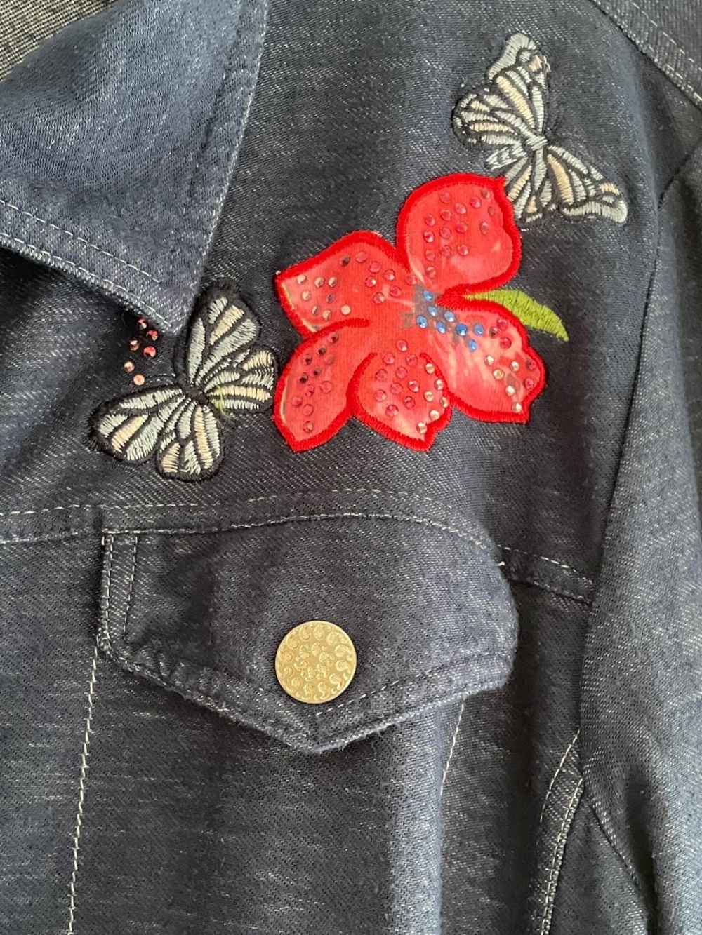 Embroidered Bedazzled Floral and Butterfly Knit "Denim" Granny Jacket– size XL - Picture 4 of 13